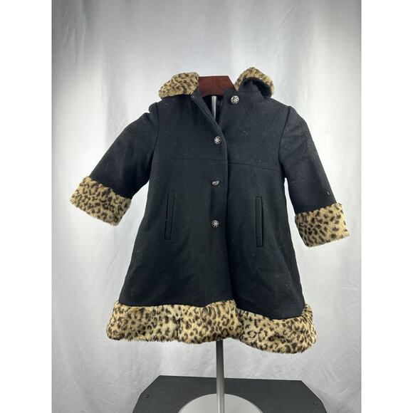 Vintage ROTHSCHILD Girls Long Black Hooded Dress Coat Size 2T Leopard Print Trim